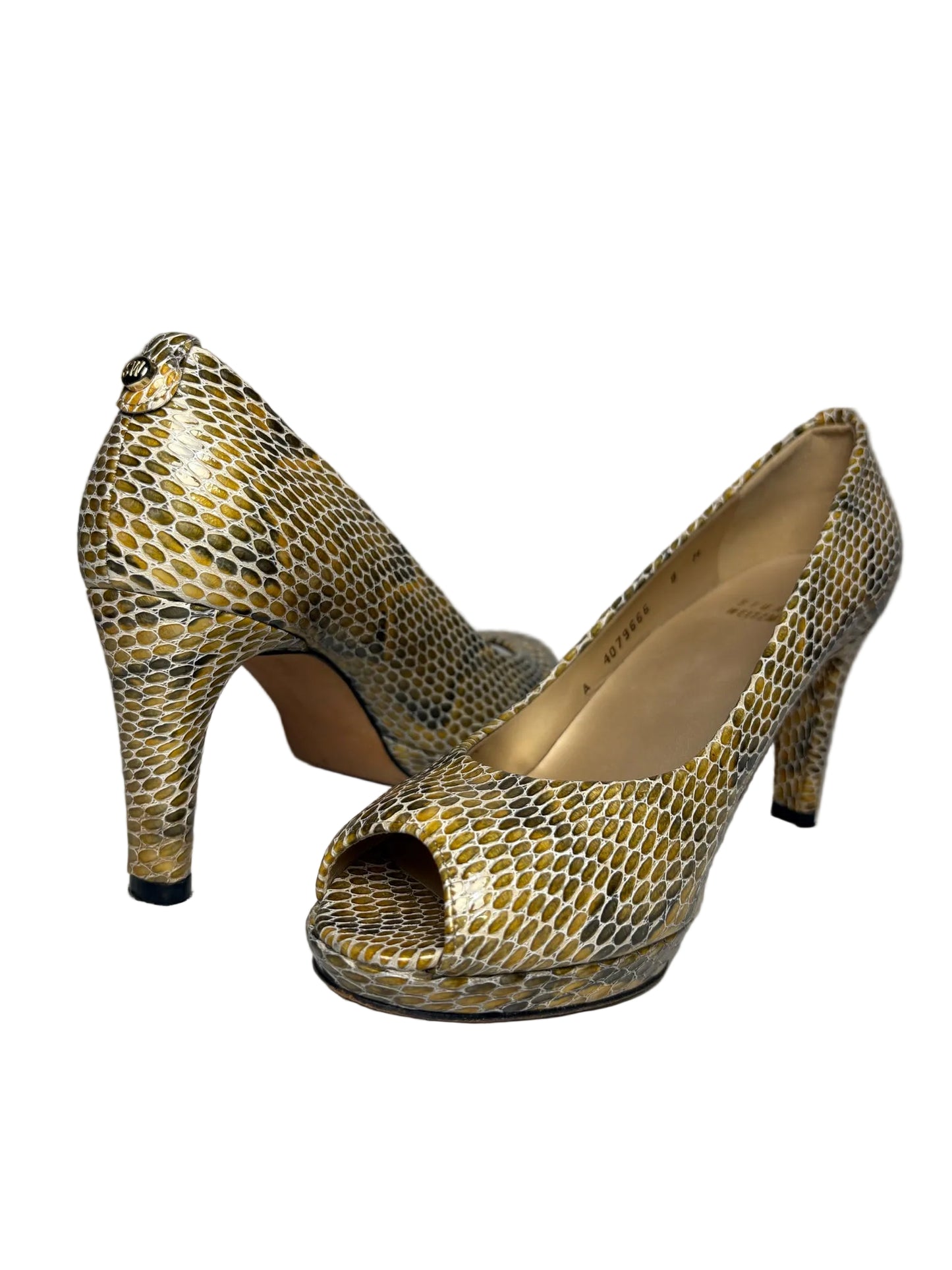 Women's Size 8 Stuart Weitzman Plainfield Yellow Snake Embossed Leather Pre-Owned Heels