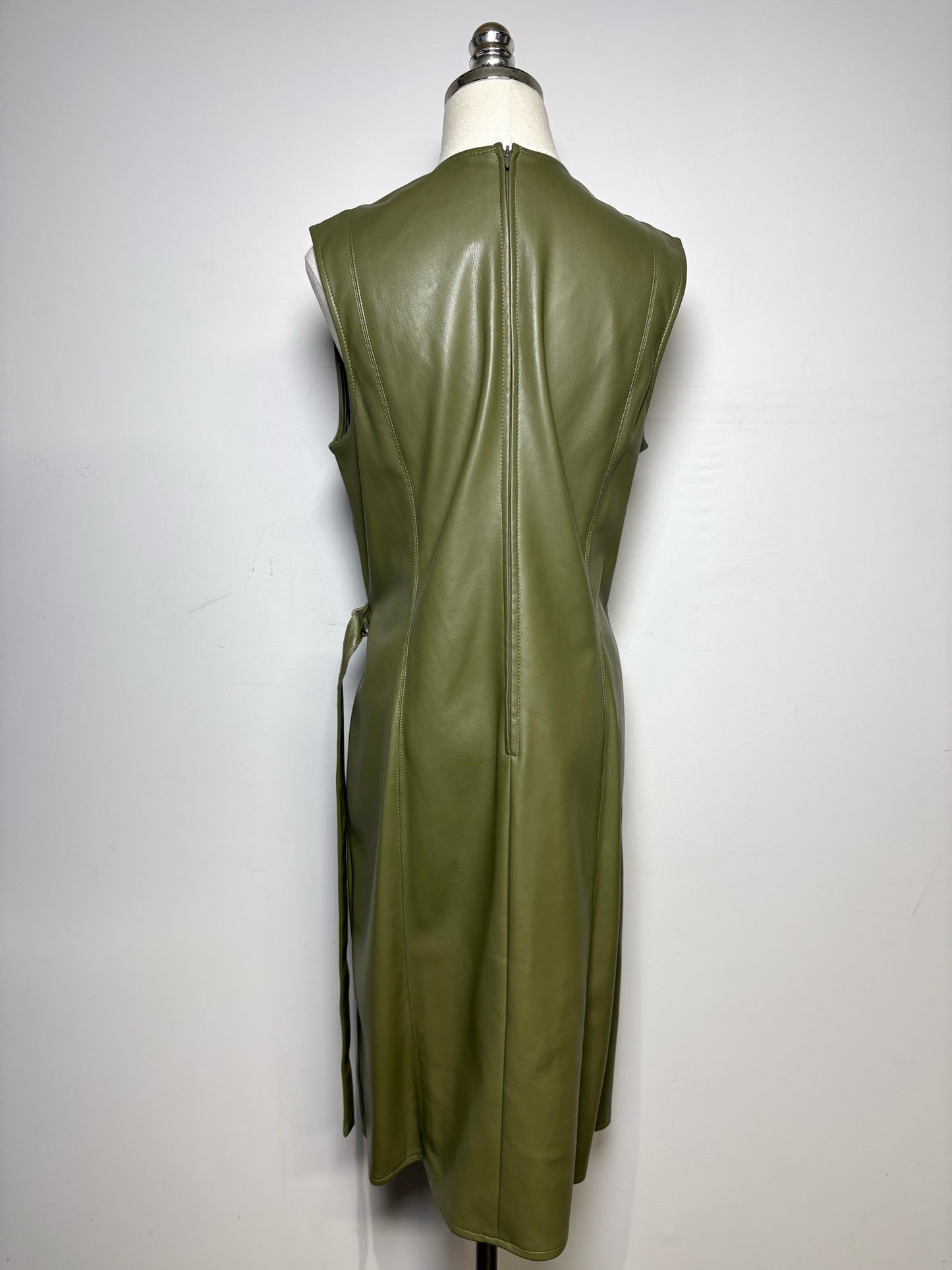 Women Size 10 Deveaux New York Olive Green Faux Leather Pre-Owned Midi Dress