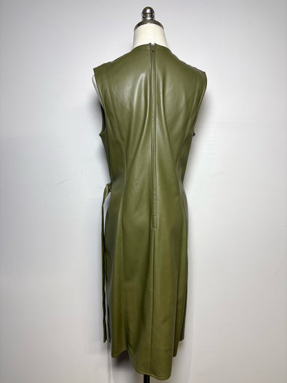Women Size 10 Deveaux New York Olive Green Faux Leather Pre-Owned Midi Dress