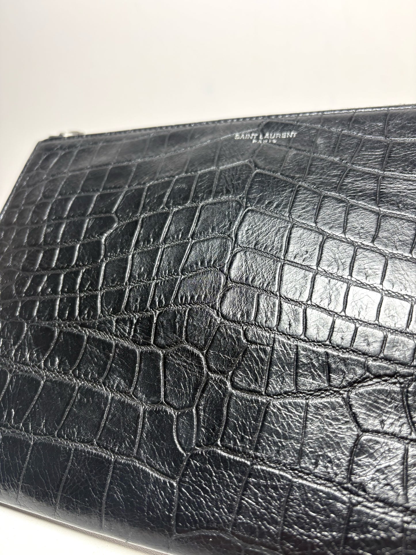 Saint Laurent Black Croc Embossed Leather Pre-Owned Portfolio Clutch