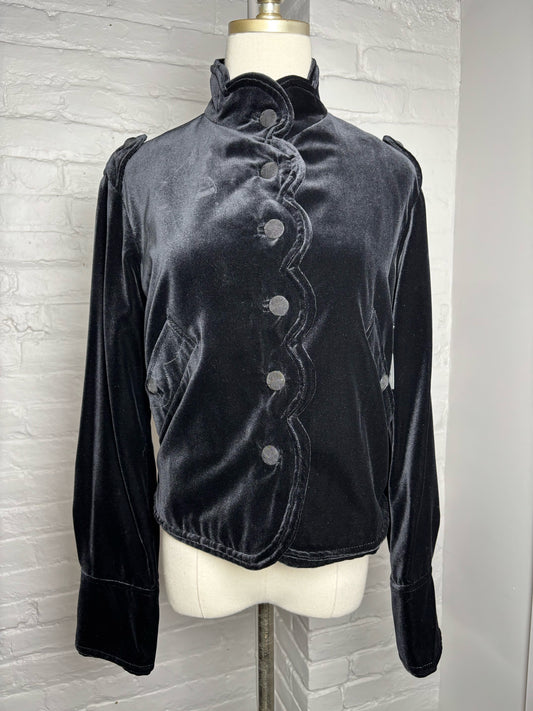 Women Size S Yves Saint Laurent Black Solid Velvet Scallop Trim Jacket