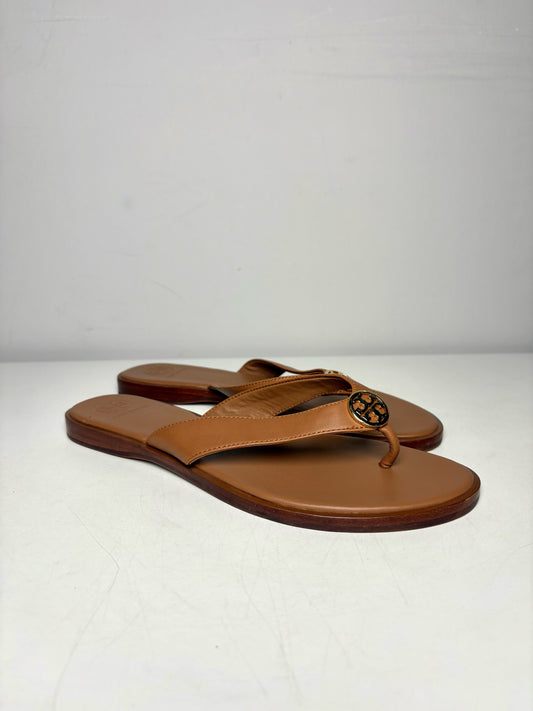 W Shoe Size 9 Tory Burch Benton Brown Leather Pre-owned Flip Flops