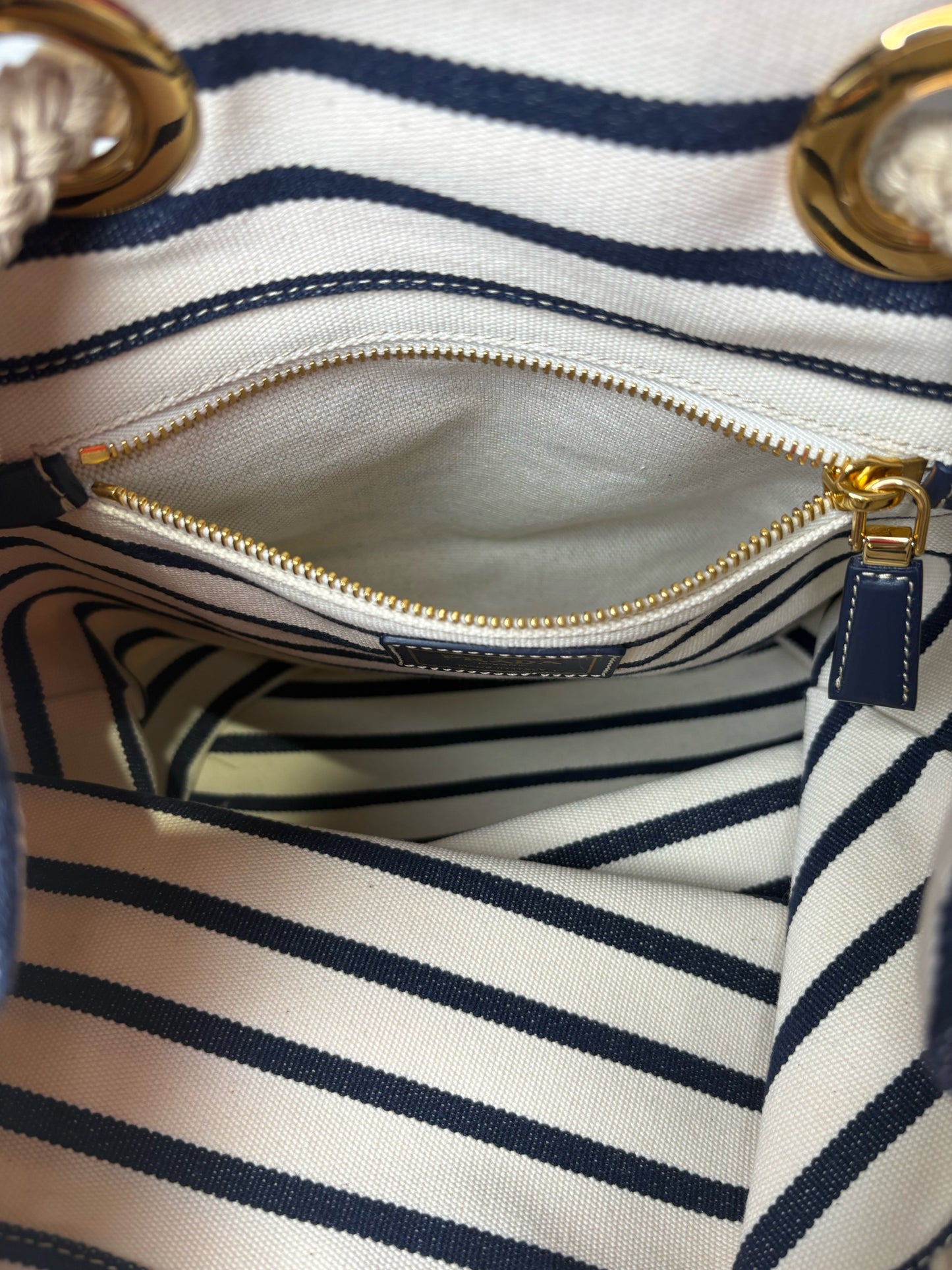 Prada Mariner Canvas Medium Bucket Bag Stripe Cream Pre-owned Purse