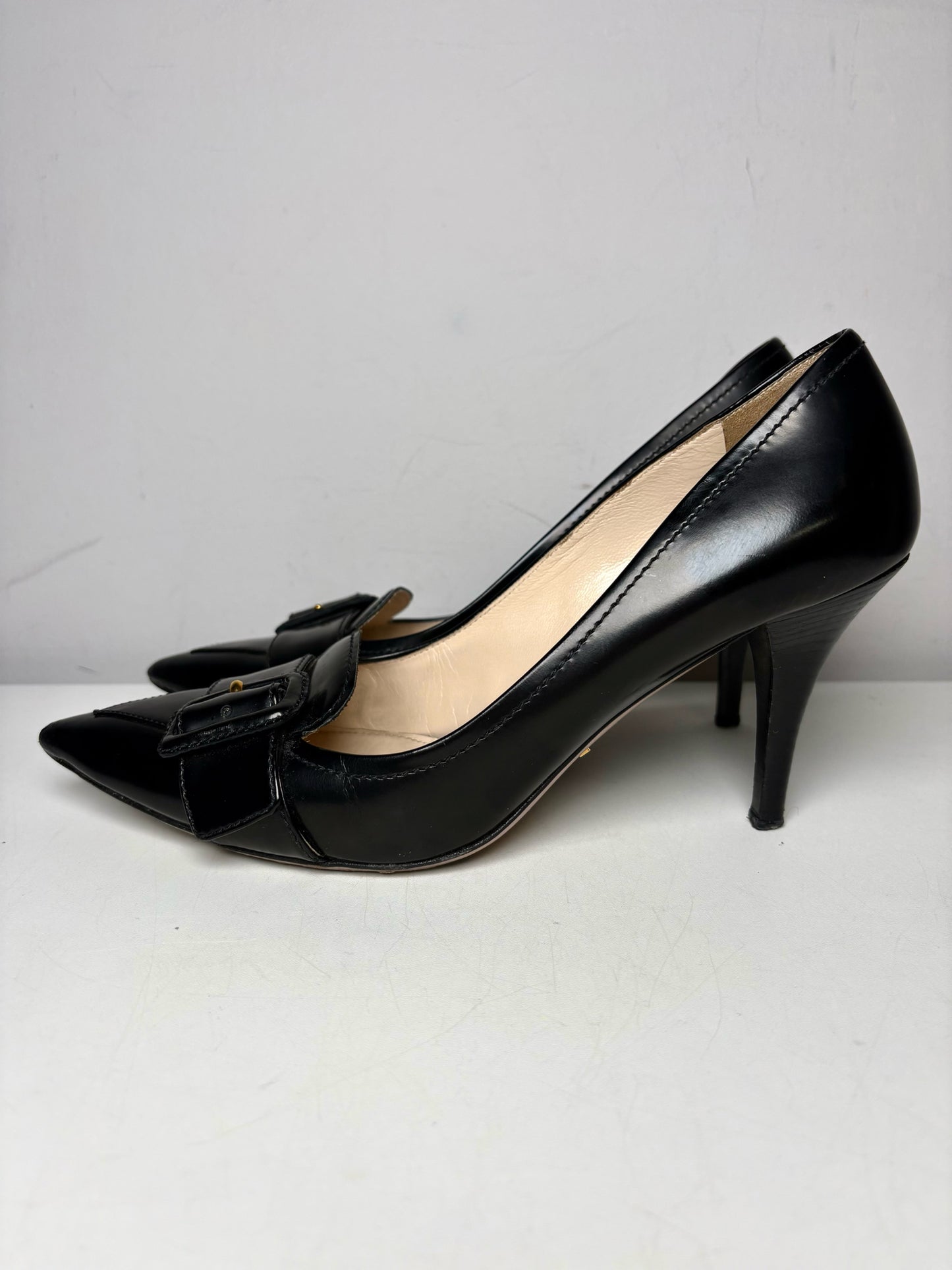 W Shoe Size 38.5 Prada Black Leather Genuine Leather Women's Vintage Heels