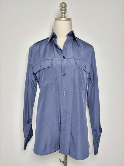 Women Size 10 Ralph Lauren Black Label Navy Blue Solid Cotton, Silk Shirt