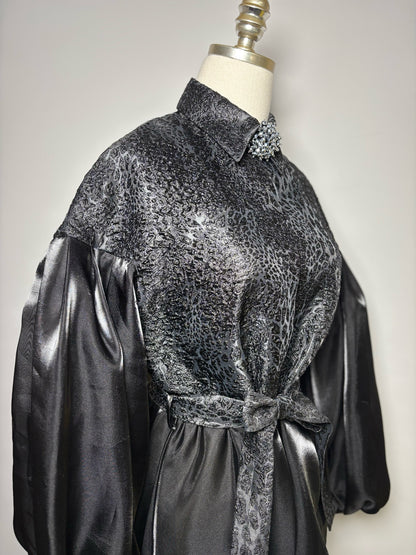 Women Size S BAQA Black Solid Metallic Sparkle w/Belt Blouse