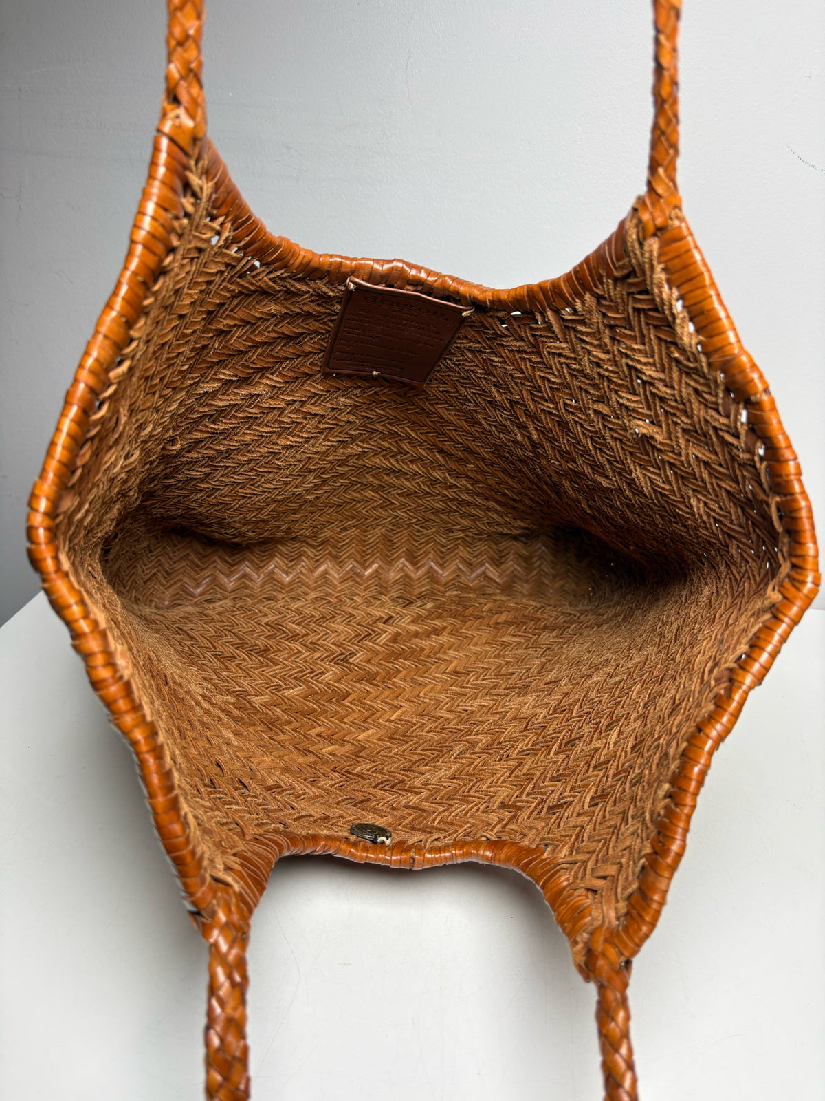 Women's Dragon Diffusion Tan Handwoven Leather NS Diagonal Pre-Owned Basket Tote Bag