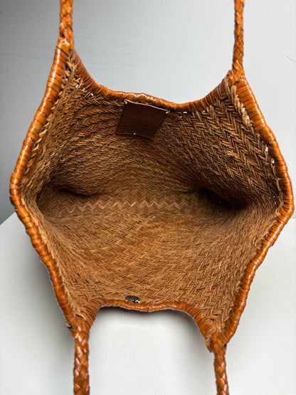 Women's Dragon Diffusion Tan Handwoven Leather NS Diagonal Pre-Owned Basket Tote Bag