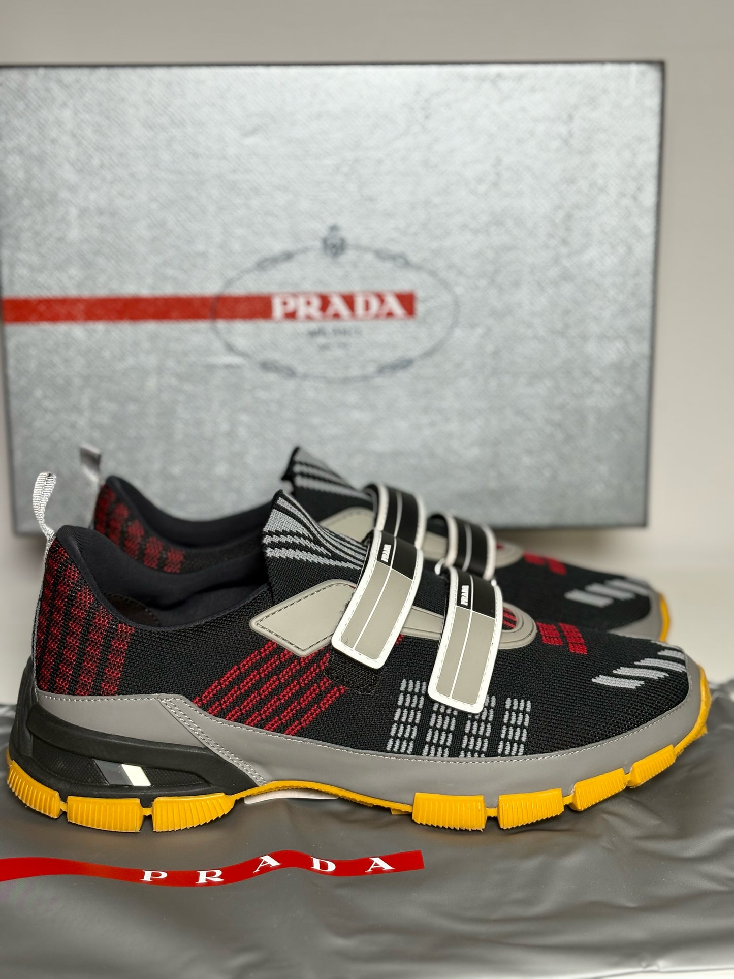 Prada Black,Gray,Red,Yellow solid w abstract lines Men's Sneakers
