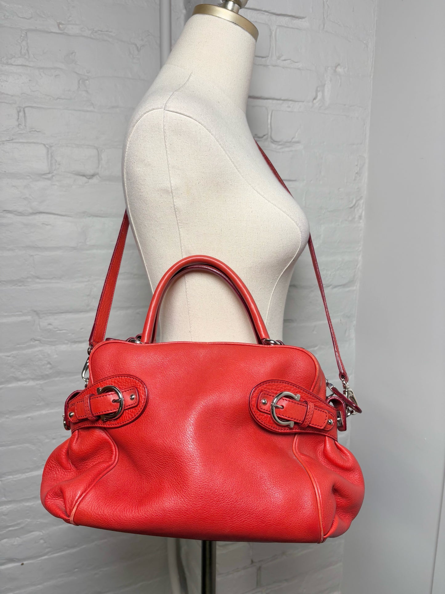 Salvatore Ferragamo Solid Pebble Leather Red Calfskin Medium Purse