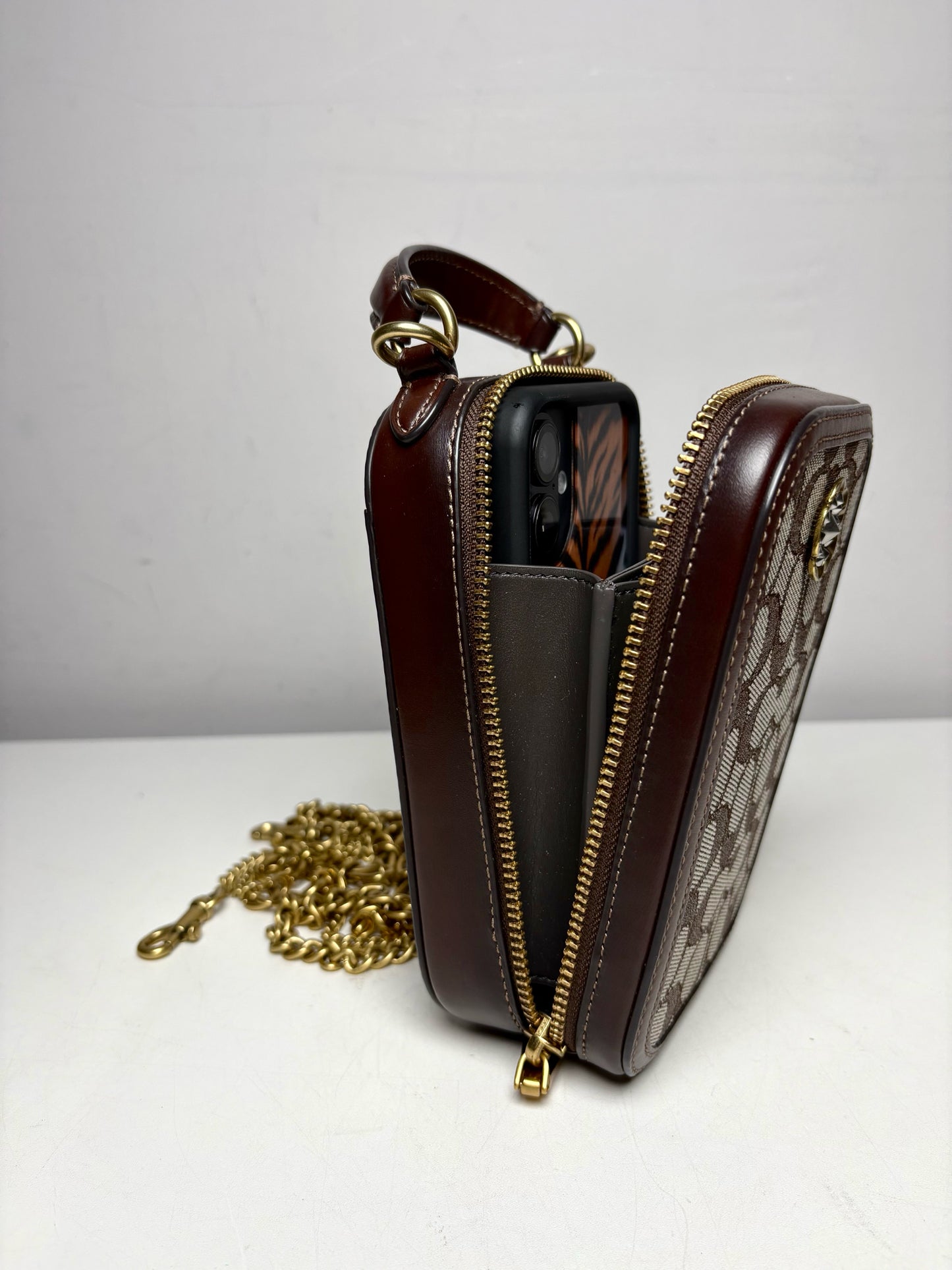 Women's Coach Alie Camera Brown Tan Monogram Pre-Owned Chain Crossbody Bag with Custom Charm