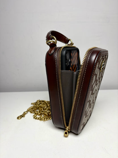 Women's Coach Alie Camera Brown Tan Monogram Pre-Owned Chain Crossbody Bag with Custom Charm