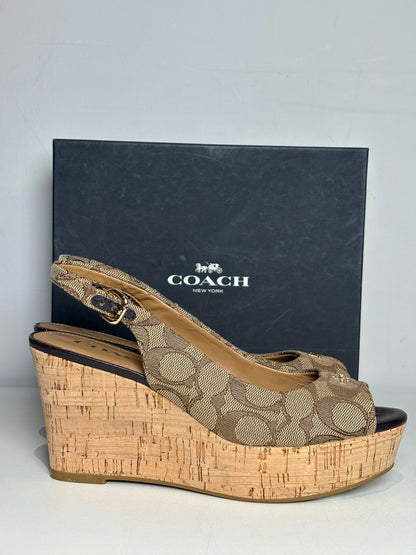 W Shoe Size 6.5 Coach Brown Canvas Cowhide Women's NWOT Wedges