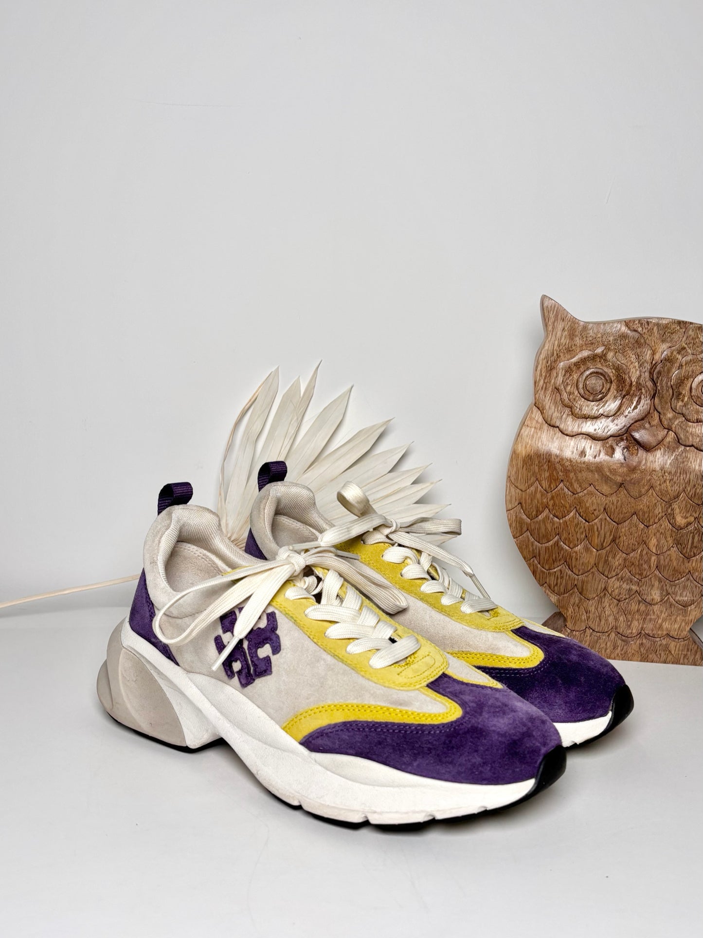 W Shoe Size 9.5 Tory Burch Yellow, Purple Leather Suede Sneakers