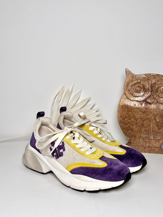 W Shoe Size 9.5 Tory Burch Yellow, Purple Leather Suede Sneakers