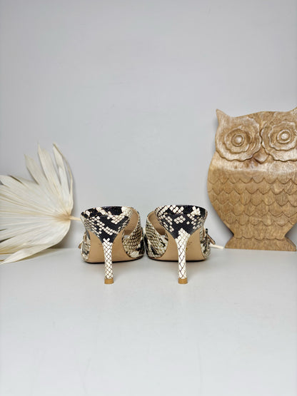 W Shoe Size 9.5 Stuart Weitzman Black, Cream Snakeskin Print  Leather Mules