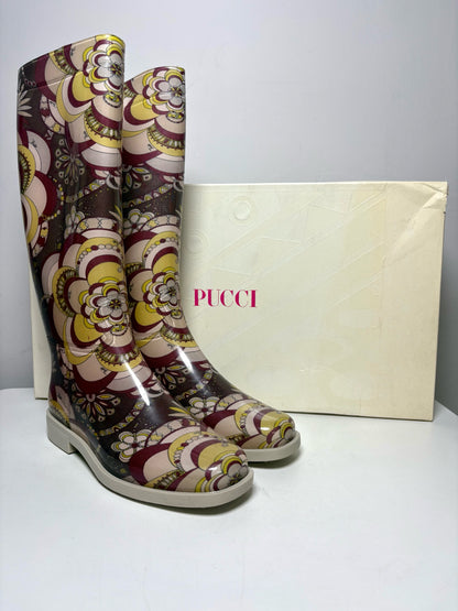 Women Shoe Size 40 (US 10) Emilio Pucci Yellow, Purple & Cream Rubber Vintage Pre-Owned Knee-High Boots