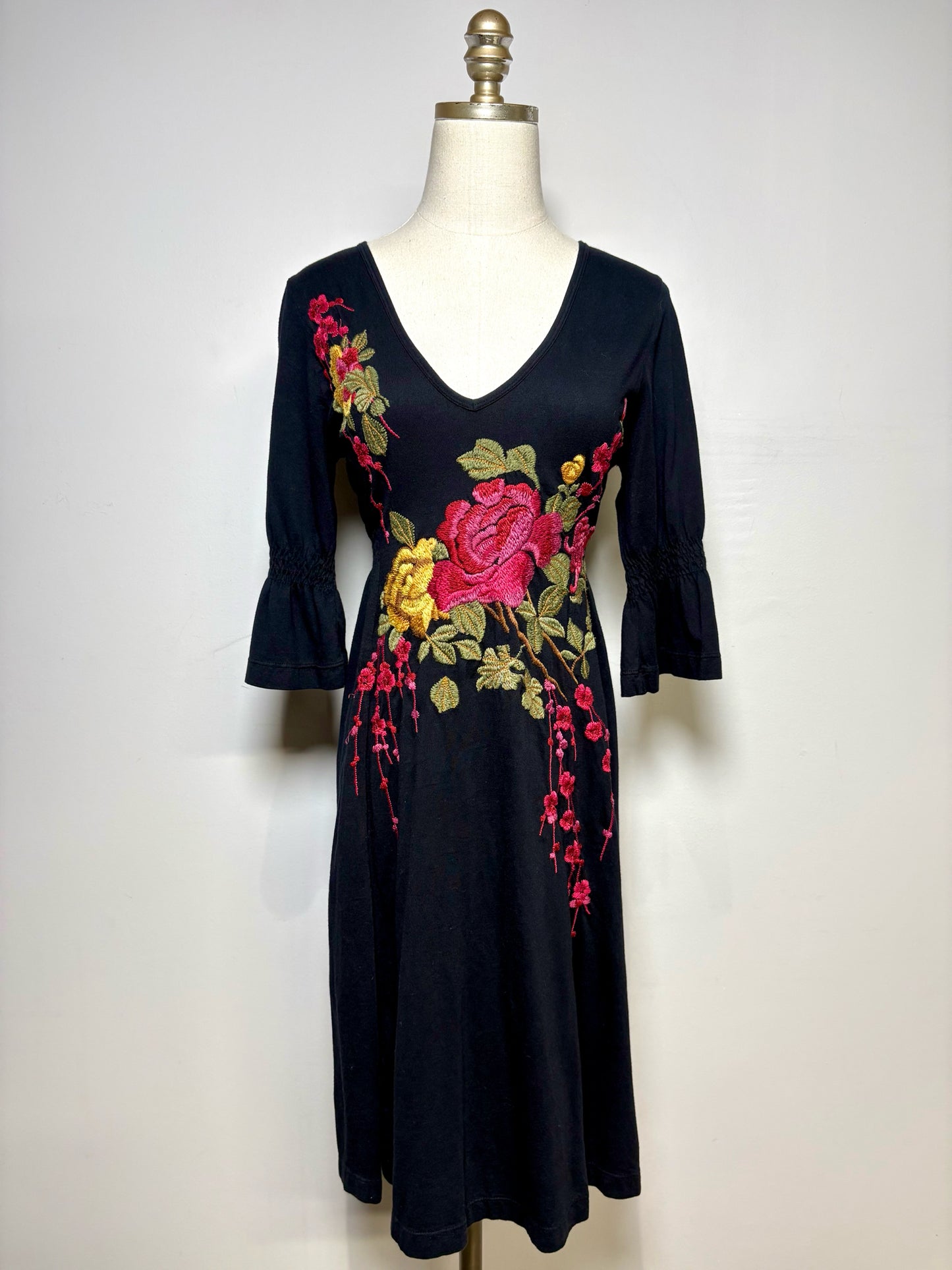 Women Size M JW Los Angeles Black Floral Embroidered Pure Cotton Pre-Owned Dress