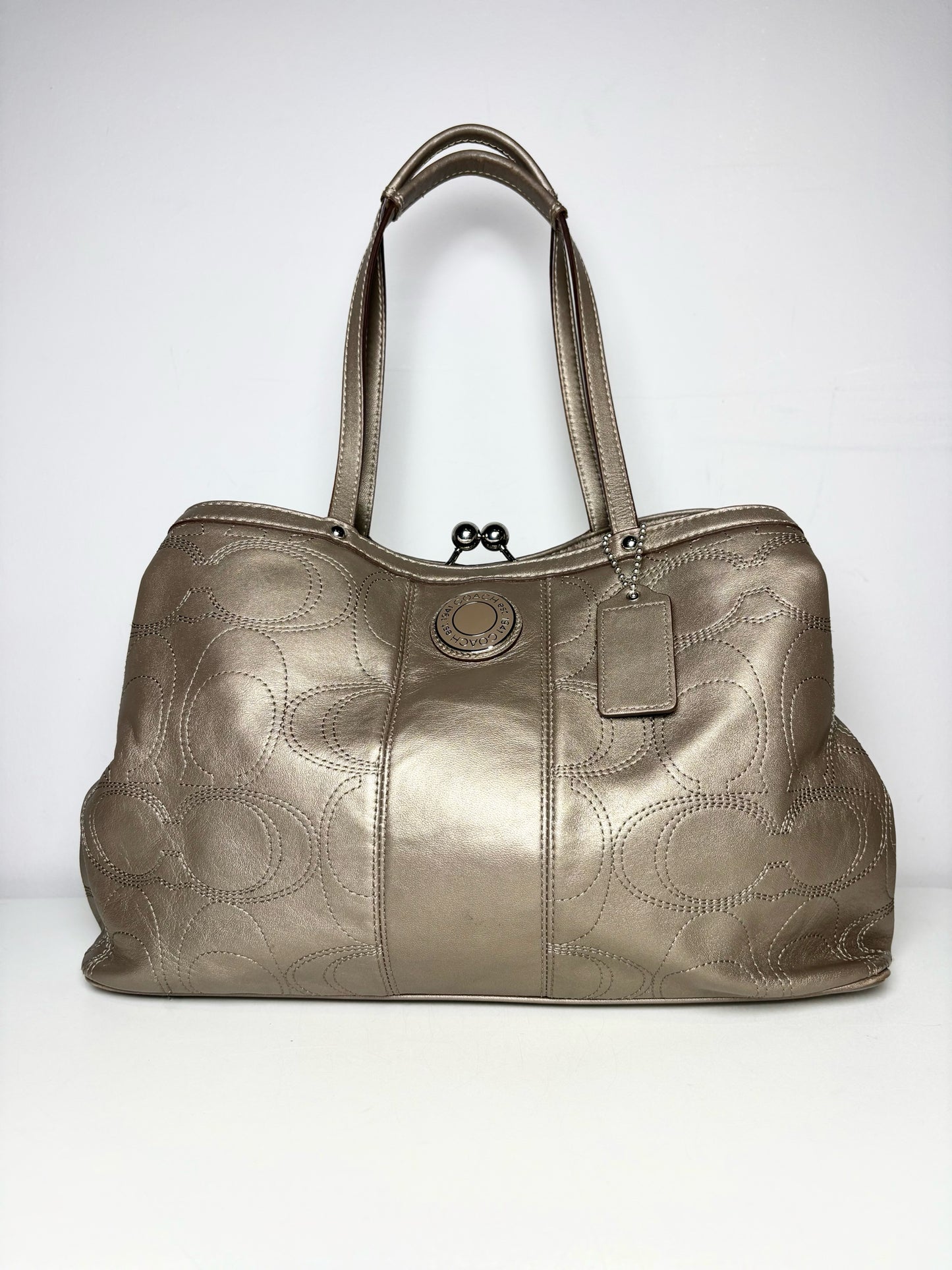 Coach Gunmetal Silver Stitched Logo Vintage Satin-Lined Pre-owned Women's Purse