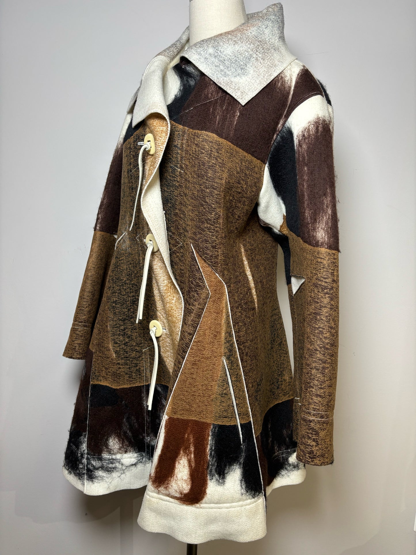Rare, Vintage Issey Miyake Vintage Brown, Black, Cream Marbled Felt Coat, Sz S Pre-owned