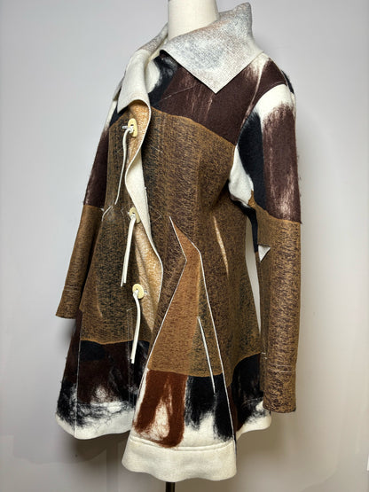 Rare, Vintage Issey Miyake Vintage Brown, Black, Cream Marbled Felt Coat, Sz S Pre-owned