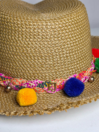 Eric Javits Straw Multi-color Pom Poms Pre-owned Natural One Size Hat