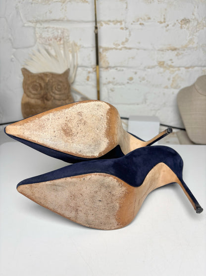 W Shoe Size 38.5 (7.5 US) Manolo Blahnik Blue Leather Suede Heels