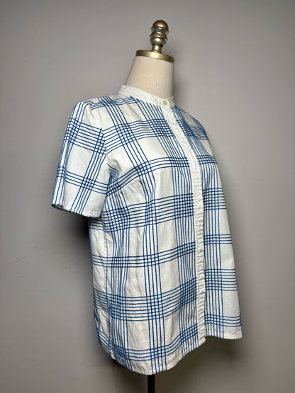 Women's Size 6 Tory Burch Blue & White Grid Print Cotton Pre-Owned Button-Up Top