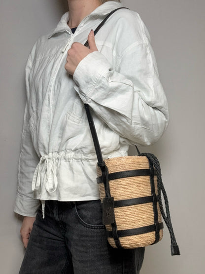 Women's Altuzarra Small Watermill Beige Woven Straw Black Leather Pre-Owned Bucket Bag