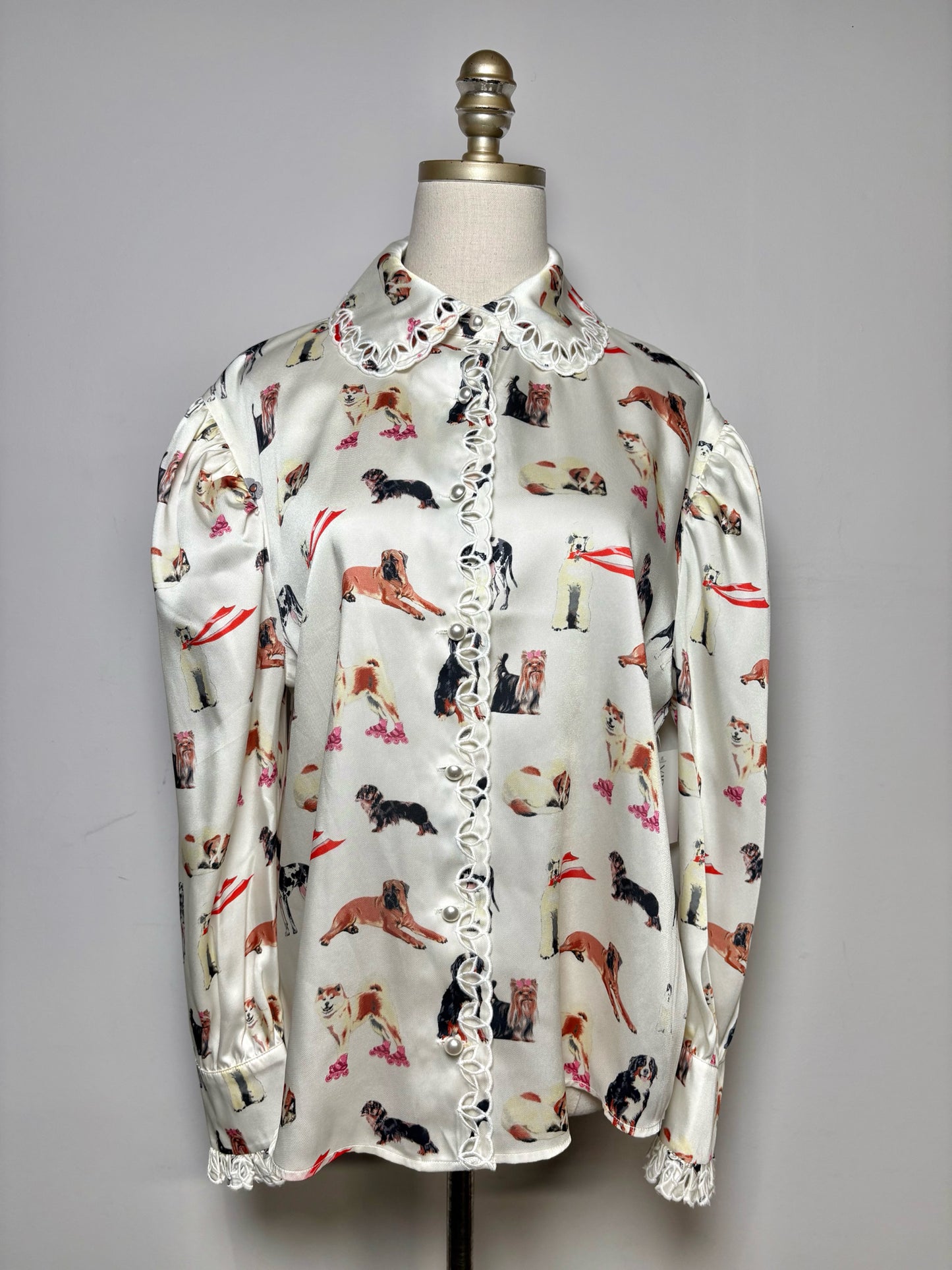 Women's Size 8 Manoush Cream Black & Orange Dog Print Pre-Owned Blouse