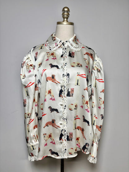Women's Size 8 Manoush Cream Black & Orange Dog Print Pre-Owned Blouse