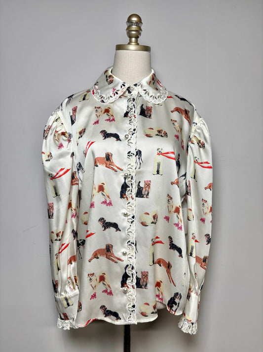 Women's Size 8 Manoush Cream Black & Orange Dog Print Pre-Owned Blouse
