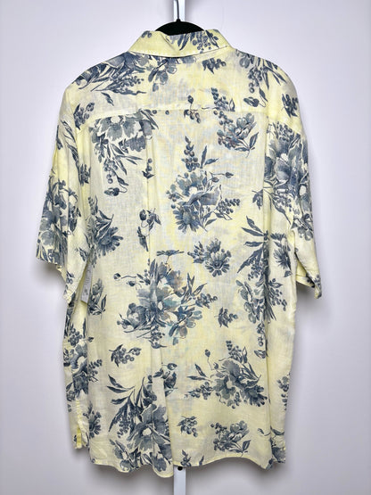 Mens Size XL 120% Lino Yellow, Blue Linen Fruit/Floral Men's Shirt