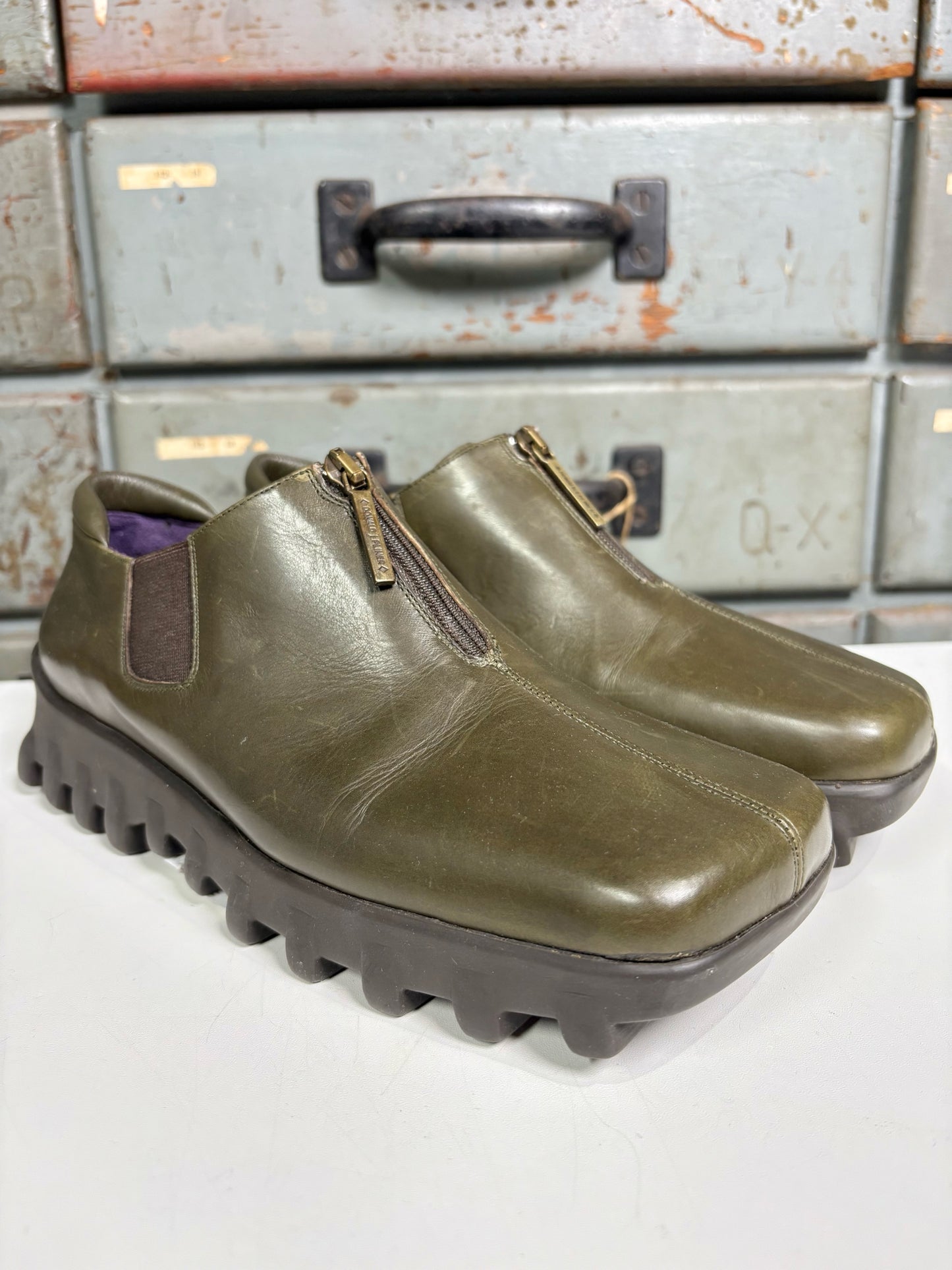 W Shoe Size 7.5 Donald Pliner Olive Green Leather Zip Slip-ons