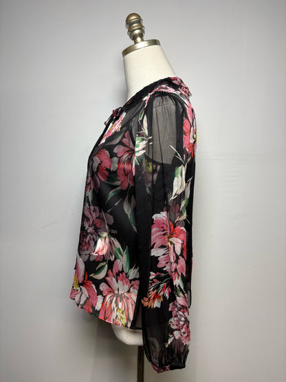 Women Size PS Jade by Johnny Was Black Floral Print Pure Silk Pre-Owned 2-Piece Blouse