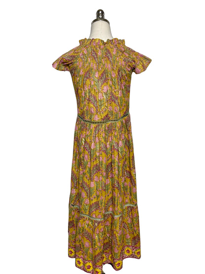 Women Size XS Clara the Label Olive Green Pink Gold Print Cotton NWT Pre-Owned Midi Dress