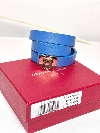 Salvatore Ferragamo Blue Gancini Double Wrap Leather Gold Logo Bracelet