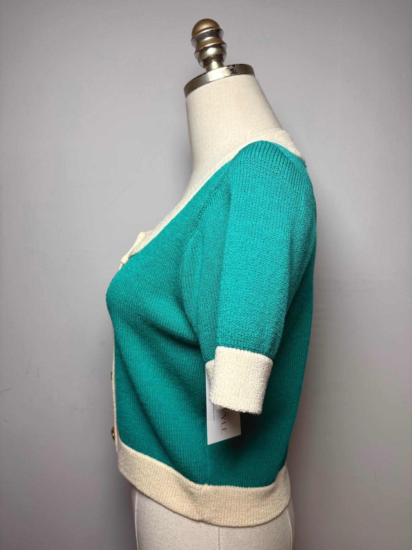 Women's Size S St. John Teal & Cream Knit Vintage Pre-Owned Cropped Cardigan
