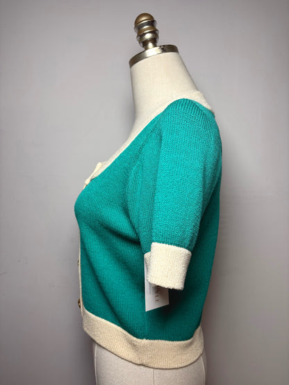 Women's Size S St. John Teal & Cream Knit Vintage Pre-Owned Cropped Cardigan