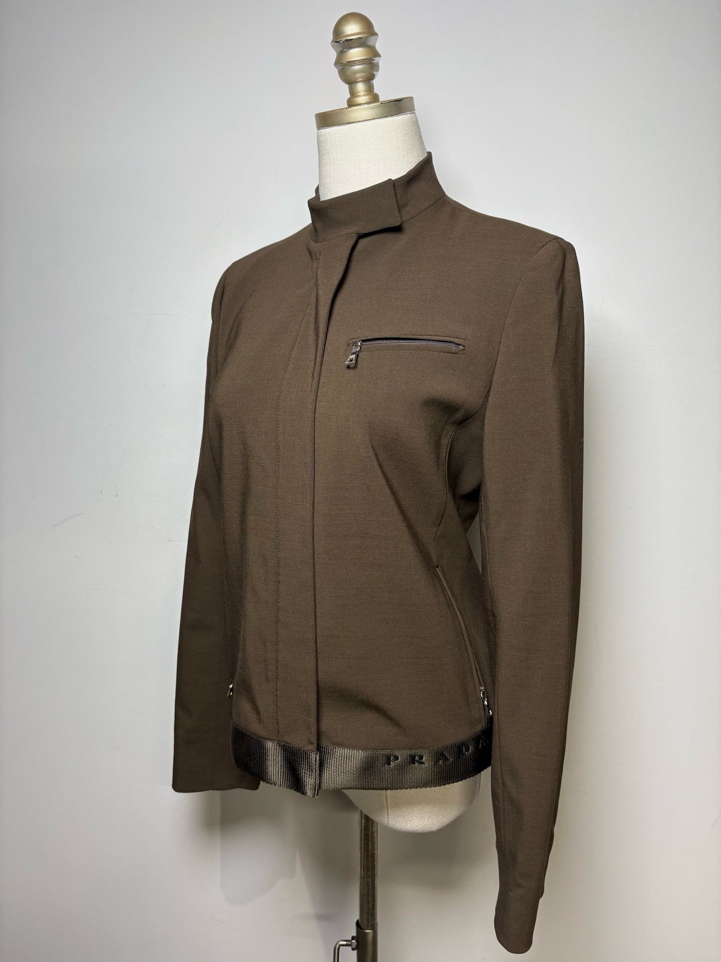 Women Size 40 (US S) Prada Brown Wool Blend Pre-Owned Embroidered Logo Bomber Jacket