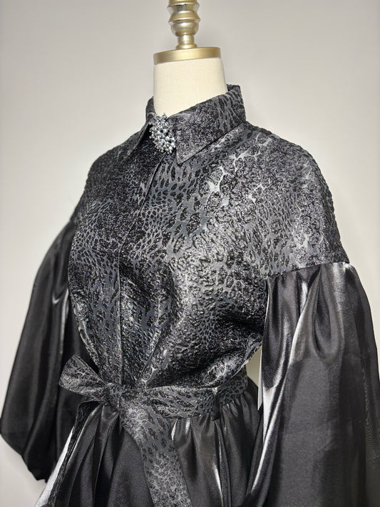 Women Size S BAQA Black Solid Metallic Sparkle w/Belt Blouse