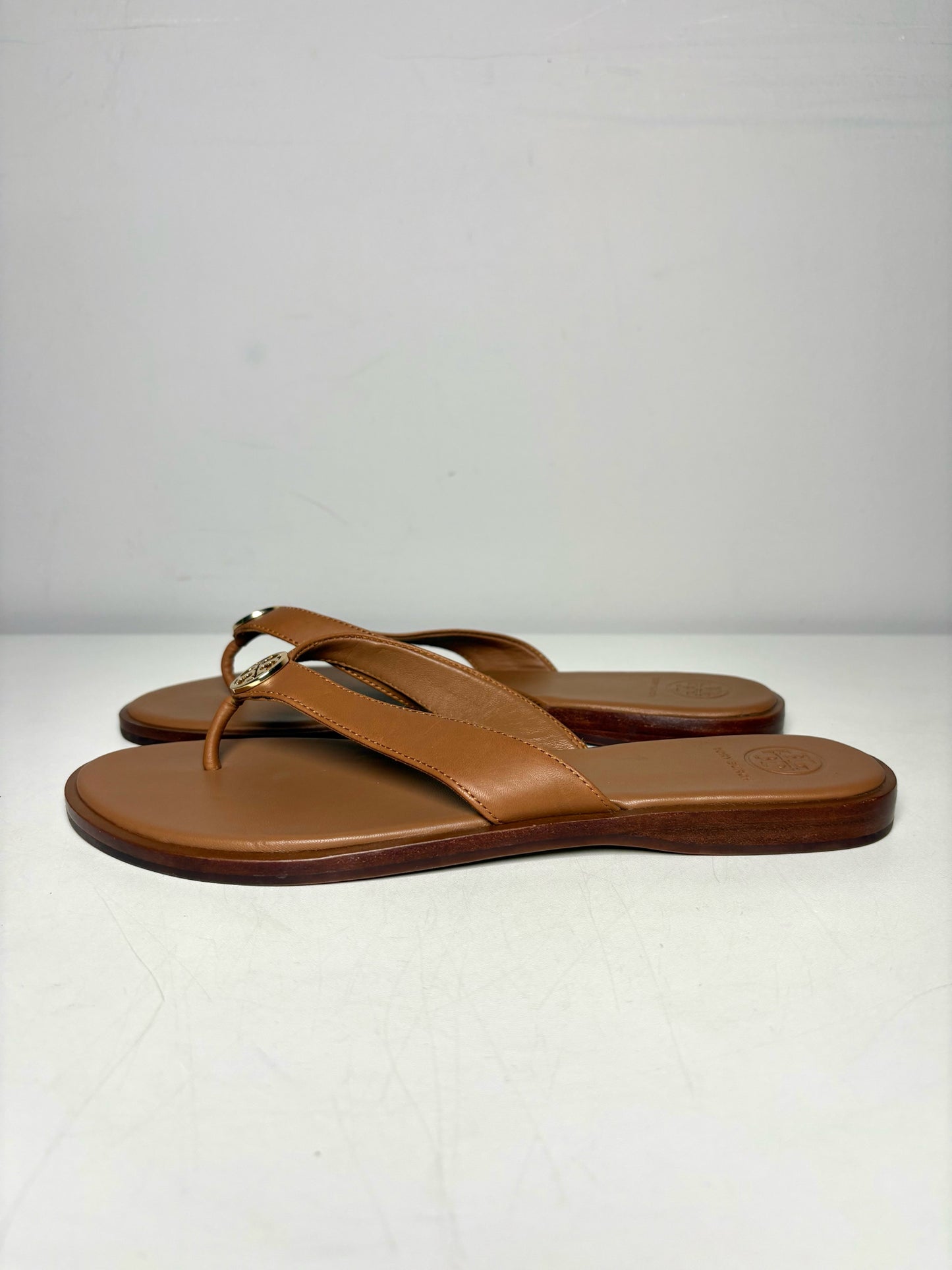 W Shoe Size 9 Tory Burch Benton Brown Leather Pre-owned Flip Flops