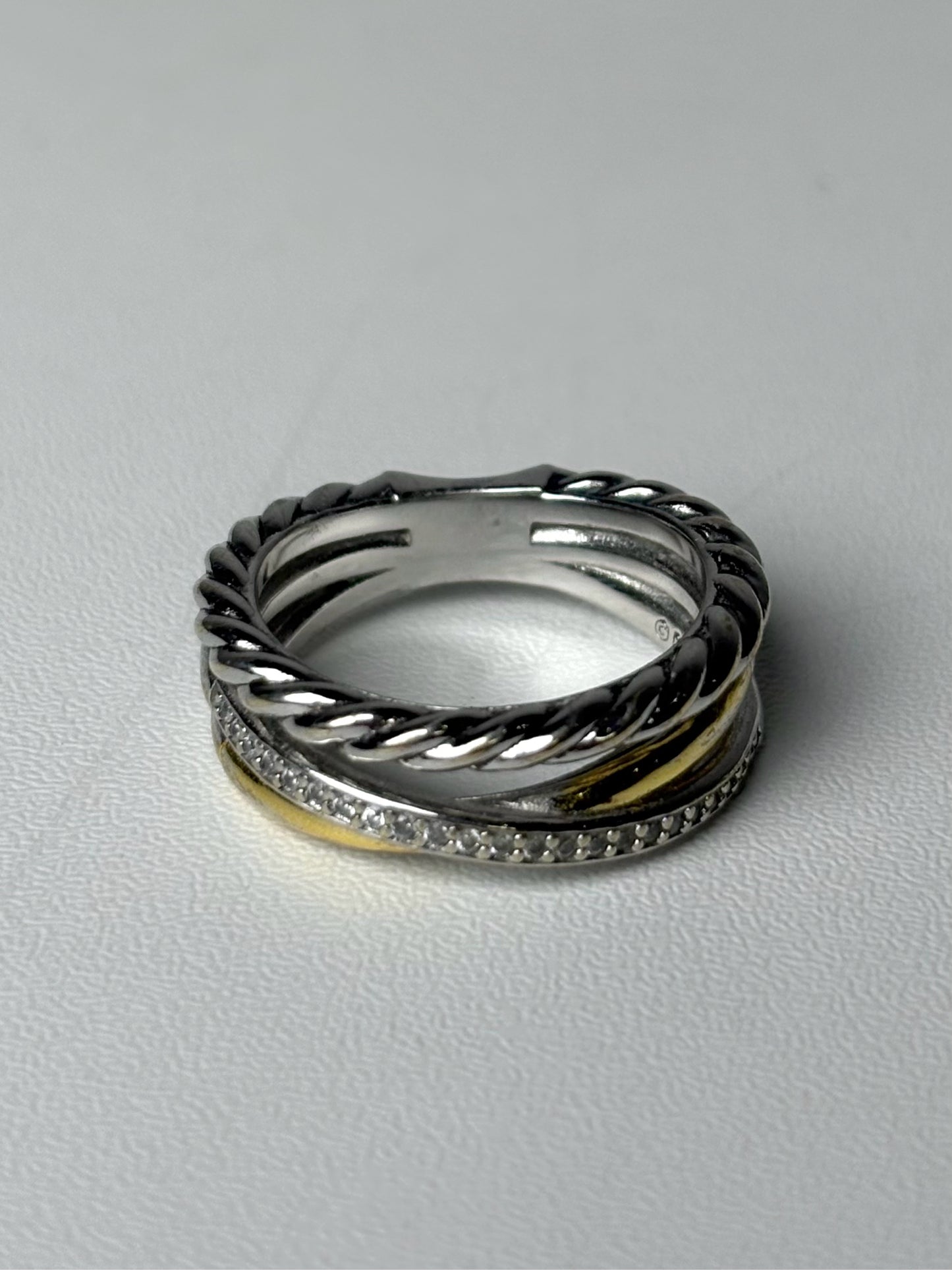 David Yurman Three Row Diamond Sterling Silver, 18K Yellow Gold 7 Pre-owned Ring