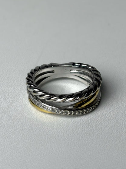 David Yurman Three Row Diamond Sterling Silver, 18K Yellow Gold 7 Pre-owned Ring