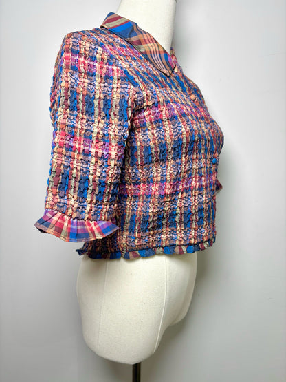 Women Size 8 Ulla Johnson Blue, Burgundy, Purple Plaid Ruched Jules Crop Top