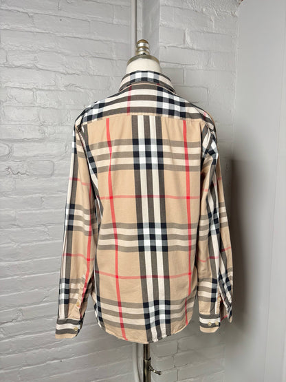 Women Size XL (Fits S) Burberry Khaki, Black, Red, White Check Print Shirt
