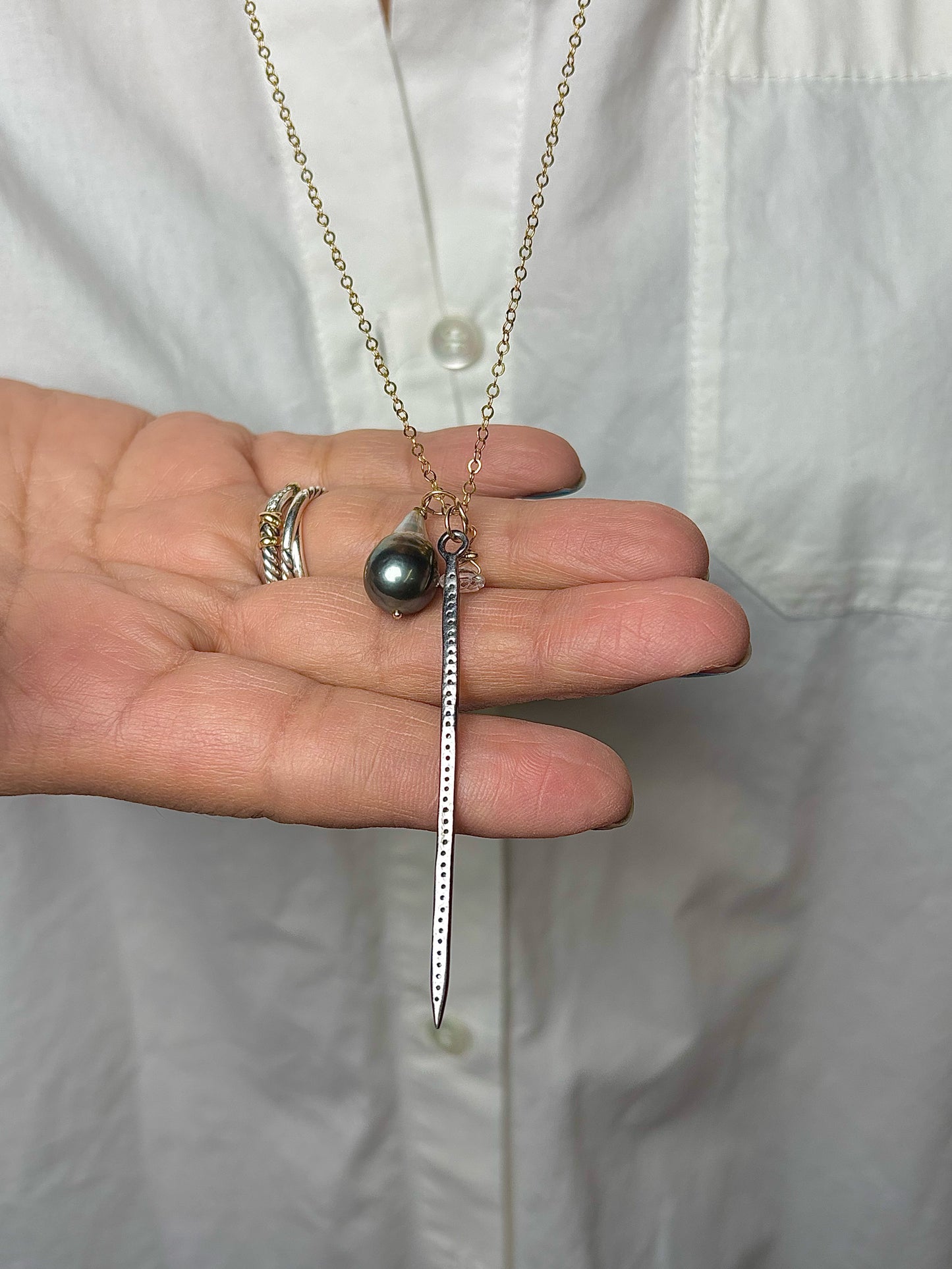 Necklace - Luna Mar Gold Filled w/ Tahtian Pearl, White Topaz & Silver 28"