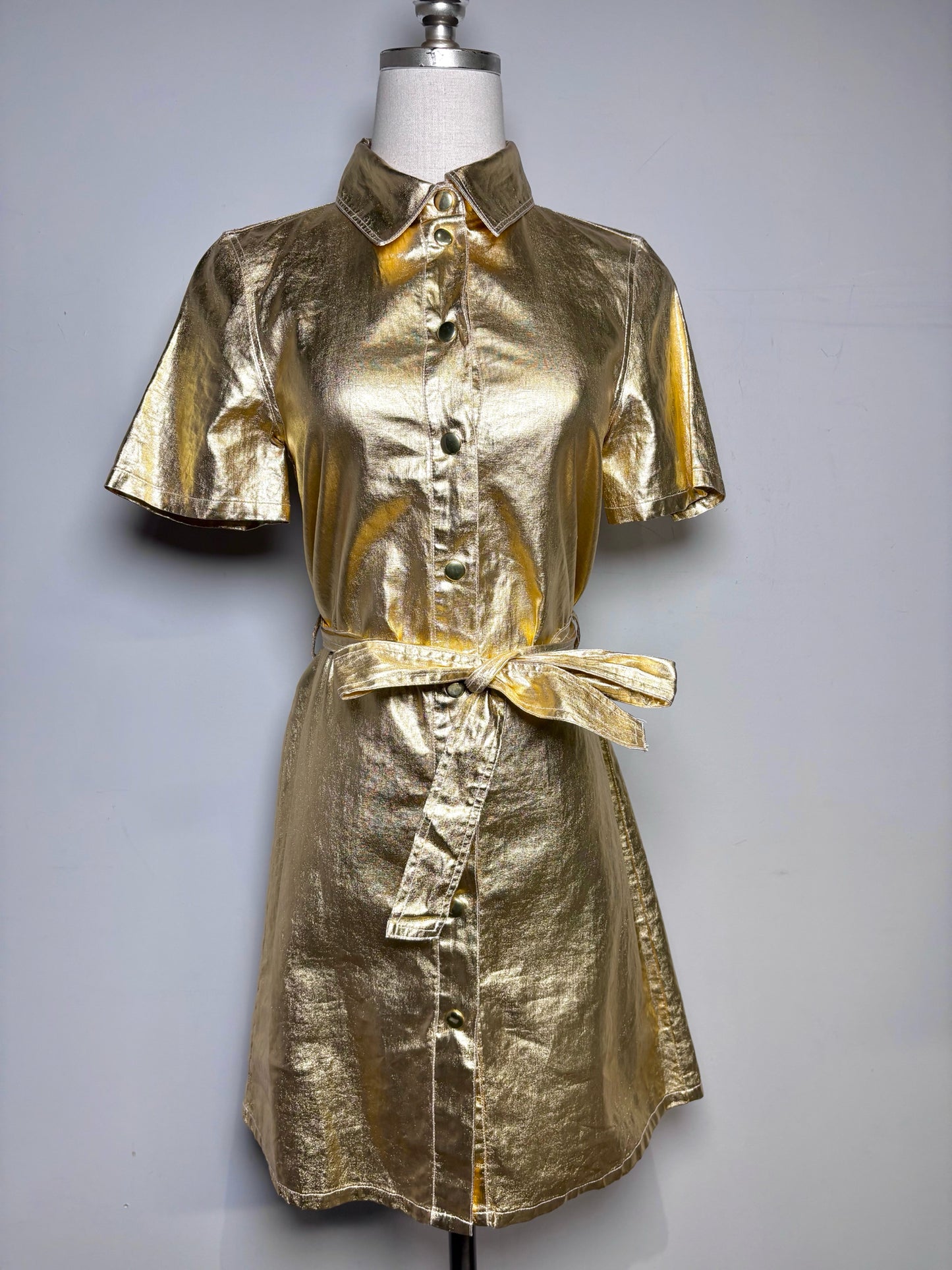 Women Size XS Lanthropy Metallic Gold Solid 100% Linen Pre-owned Shirt Dress