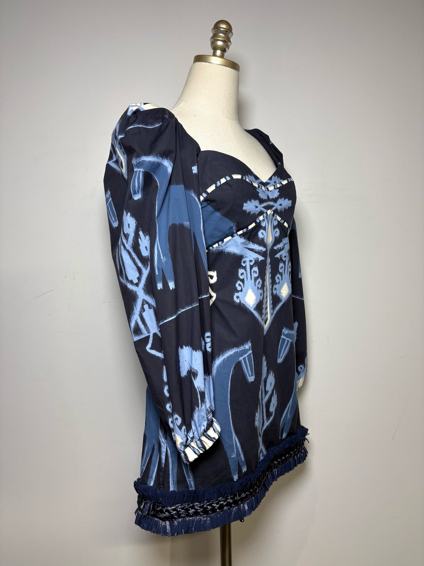 Women's Size S Johanna Ortiz Blue & White Aztec Print Organic Cotton Pre-Owned Mini Dress