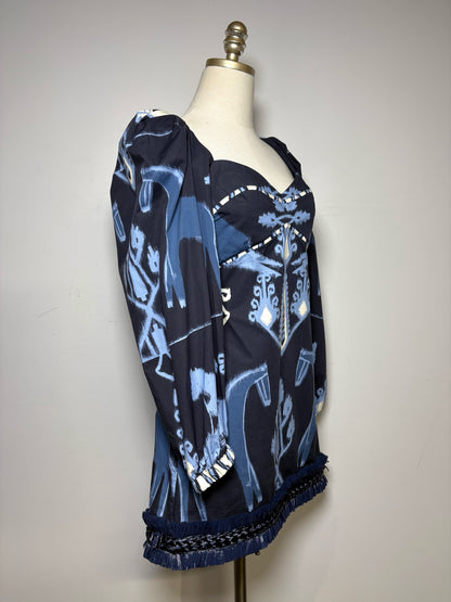 Women's Size S Johanna Ortiz Blue & White Aztec Print Organic Cotton Pre-Owned Mini Dress